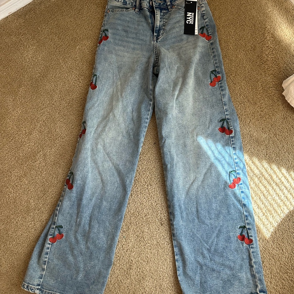 NYC Light Blue Wide Leg Jeans with Red Cherry Embroidery